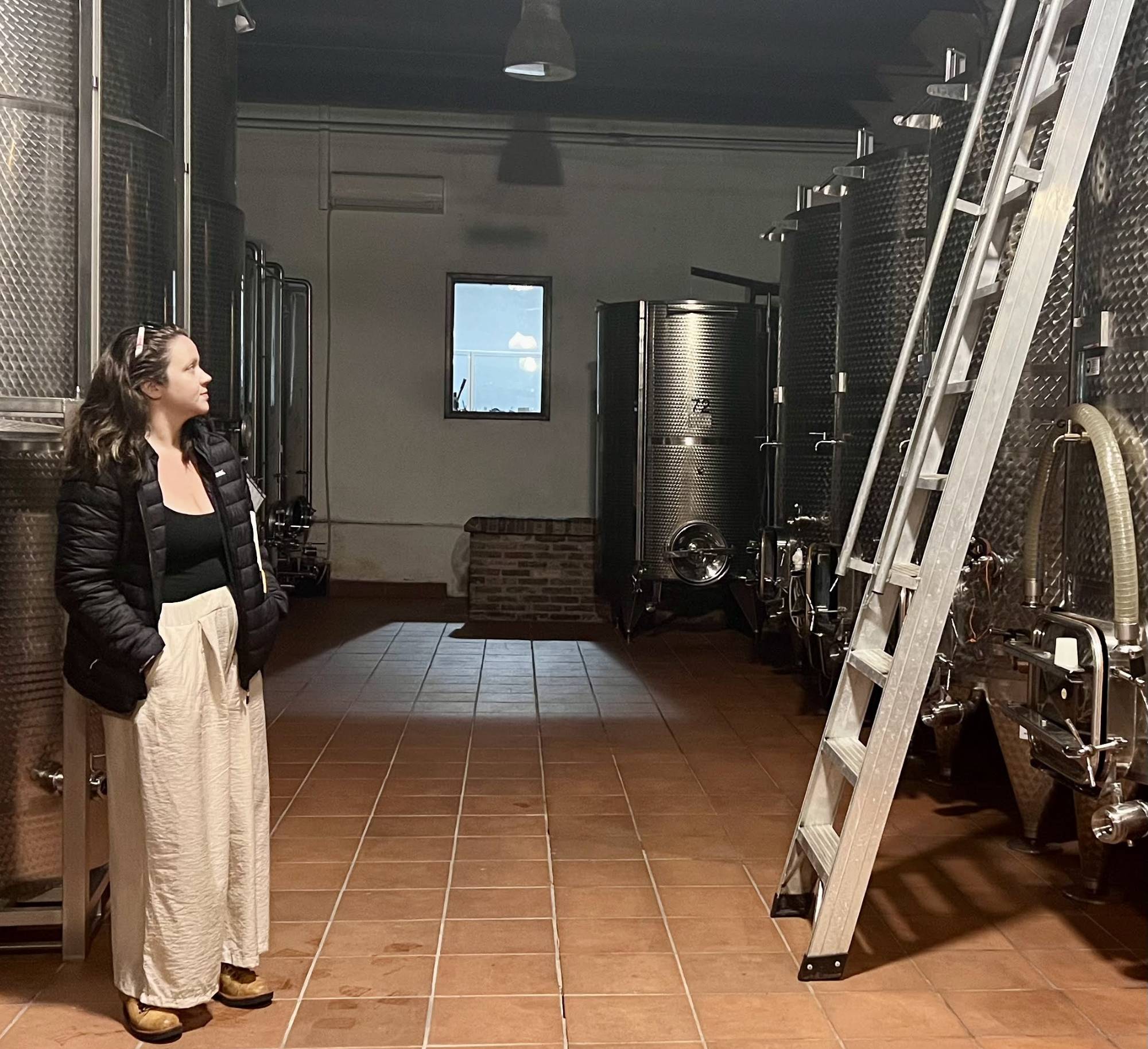 Kelly in a winery cellar among stainless steel fermentation tanks